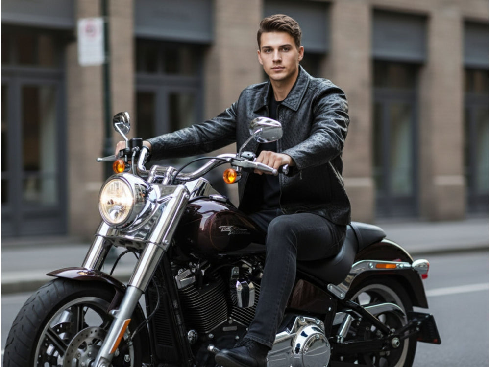 Men’s Black Ostrich Textured Leather Jacket | Wholesale Custom Private Label Outerwear Manufacturer front design preview