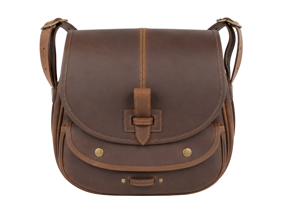 Rounded-Flap Hunting Leather Shoulder Bag – Dark Brown | B2B Low MOQ front design preview