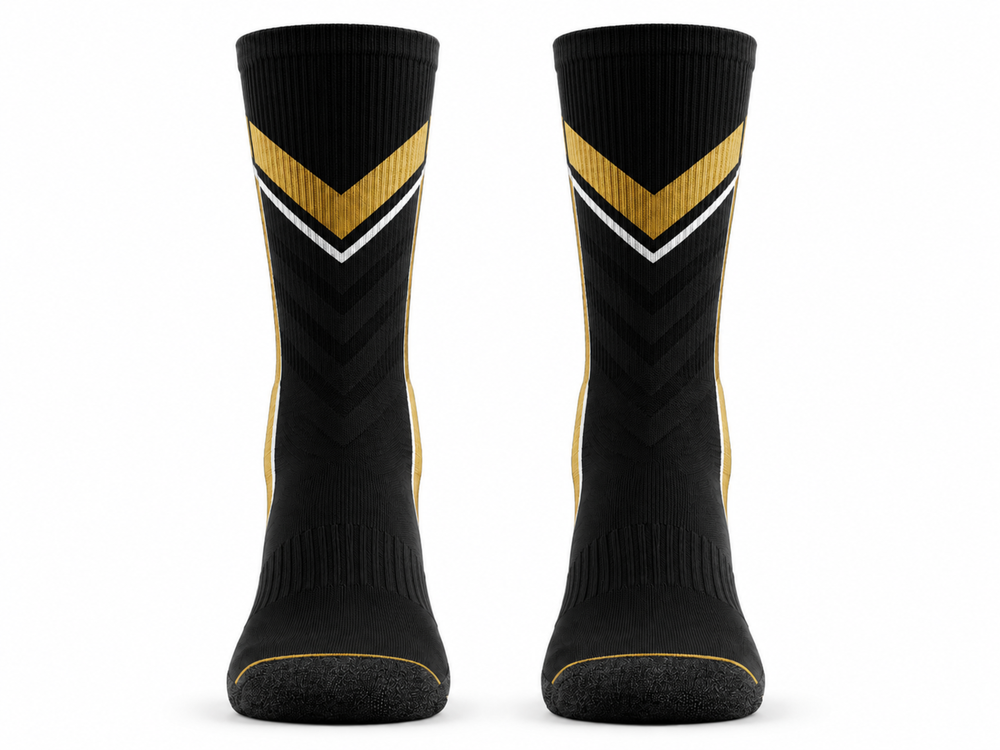 Custom Black Gold Badminton Crew Socks B2B Wholesale Club Teamwear front design preview