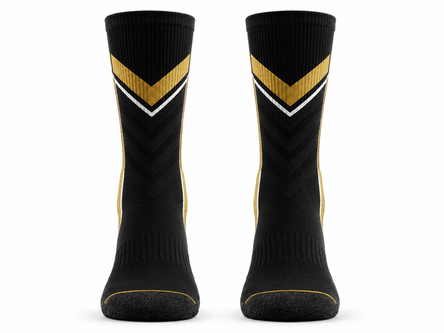 Custom Black Gold Badminton Crew Socks – Wholesale Club Teamwear design preview