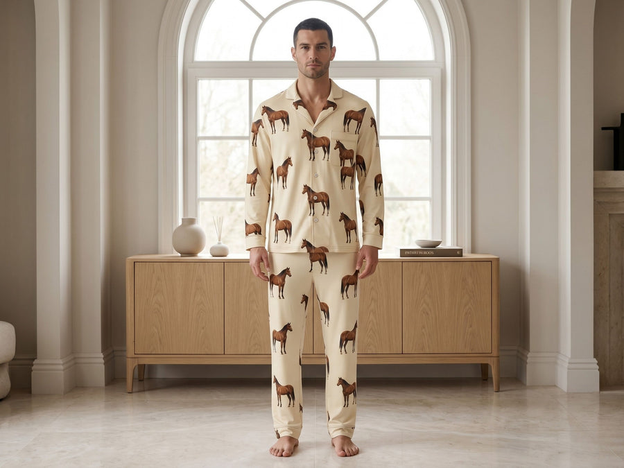 Wholesale Custom Pet Face Polyester Pajama Set, Light Beige Unisex Couples Sleepwear Manufacturer for Private Label Brands design preview