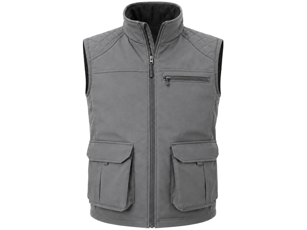 Custom Softshell Sleeveless Grey Hunting Jacket B2B front design preview