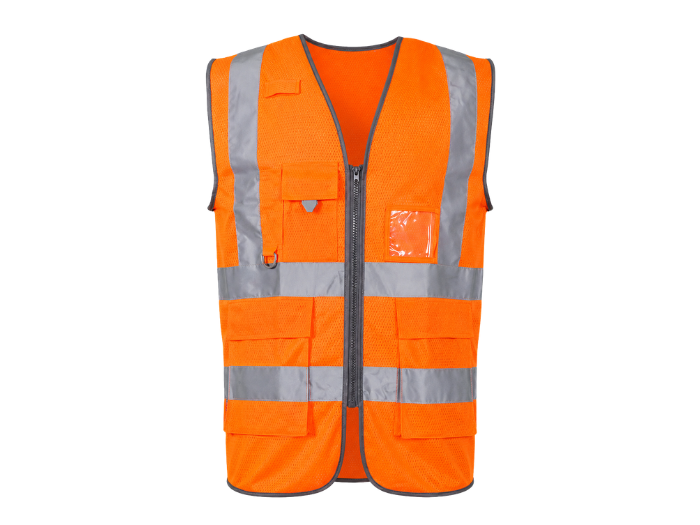 Electrician High-Visibility Workwear Waistcoat Orange/Grey | B2B Low MOQ Safety Vest front design preview