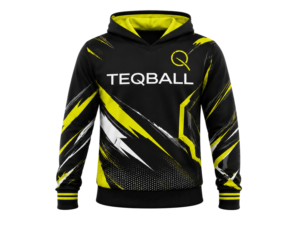 Wholesale Teqball Hoodie Black Neon Yellow Graphic Teamwear Sports Buyers front design preview