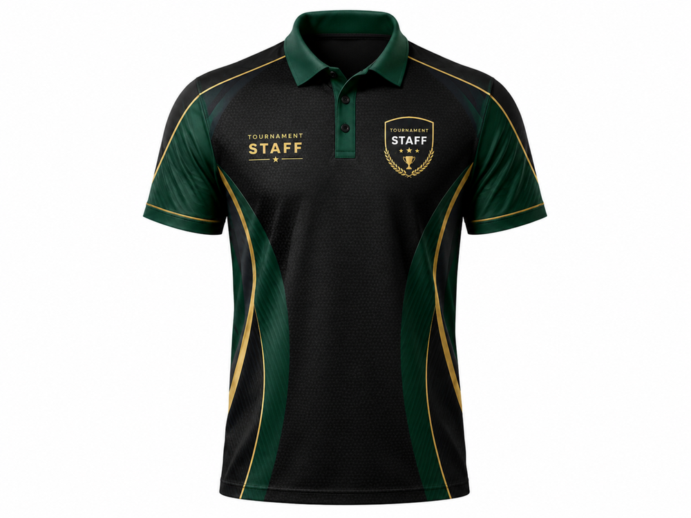 Custom Esports Tournament Staff Polo Shirt | Wholesale Gaming Event Staff Shirt | Black Green Gold | Apparels Bridge front design preview
