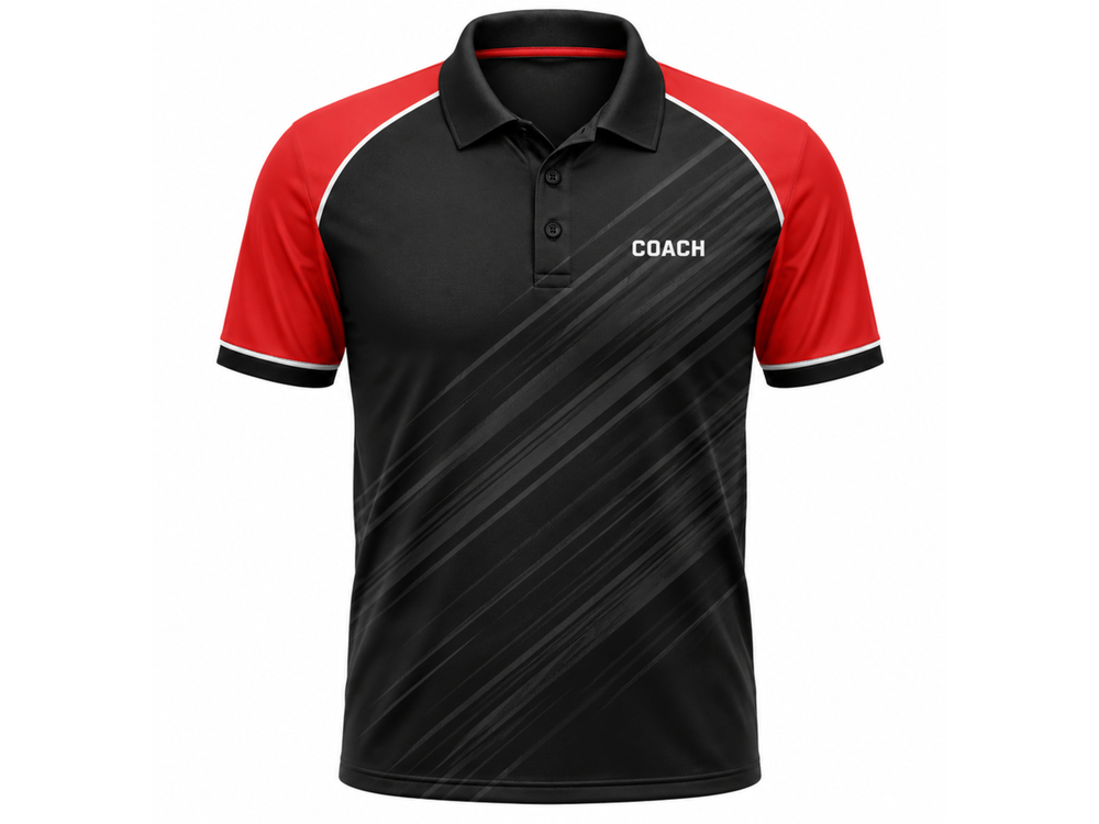 B2B Custom Teqball Coach Staff Polo Shirt Black Red Wholesale Teamwear front design preview