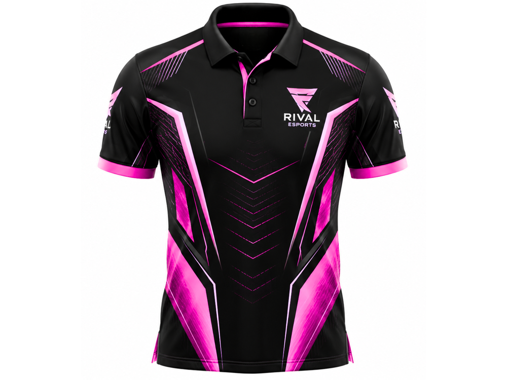 Custom Esports Polo Shirt | Wholesale Gaming Team Polo | Black Pink Magenta | Apparels Bridge front design preview