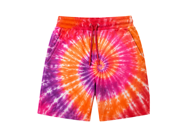 Tie Dye Drawstring Shorts Orange Pink Purple and Yellow Spiral Design | B2B Low MOQ