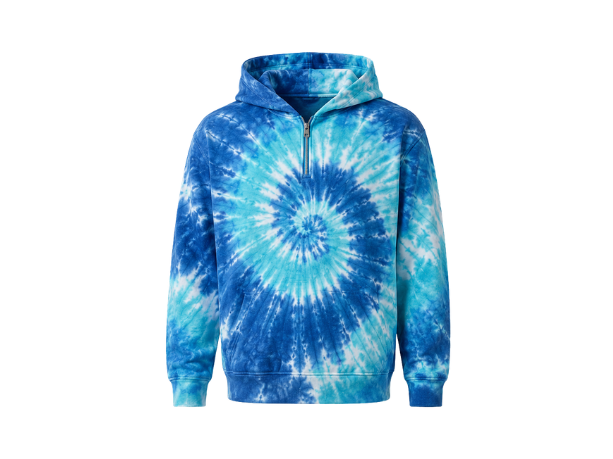 Tie Dye Half Zip Hoodie Blue Aqua and White Spiral Design | B2B Low MOQ