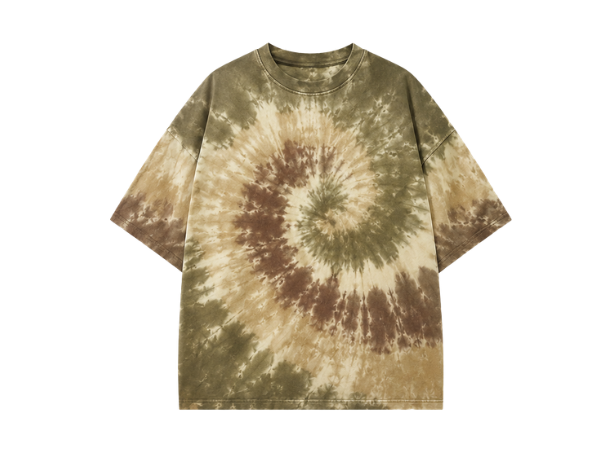 Tie Dye Drop Shoulder T Shirt Olive Brown and Beige Spiral Design | B2B Low MOQ
