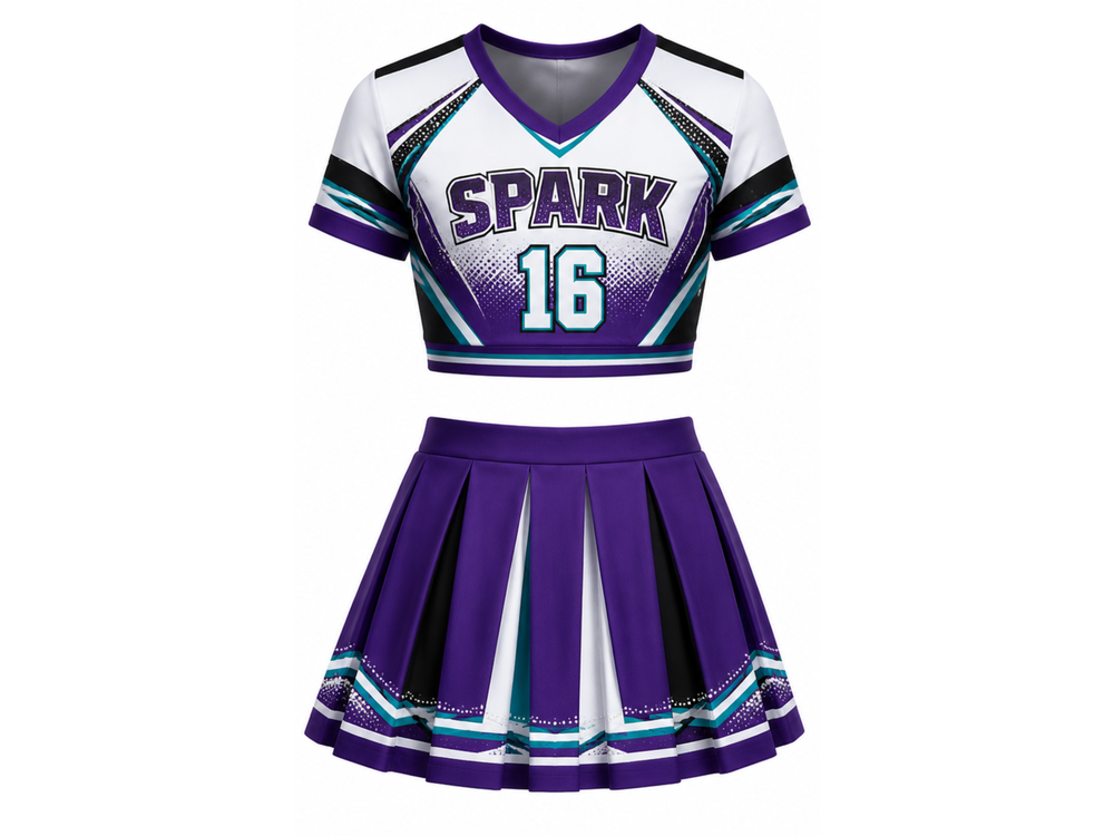 Wholesale Purple Cheerleading Uniform Matching Top & Skirt, Custom Team Name, Player Number, Low MOQ front design preview