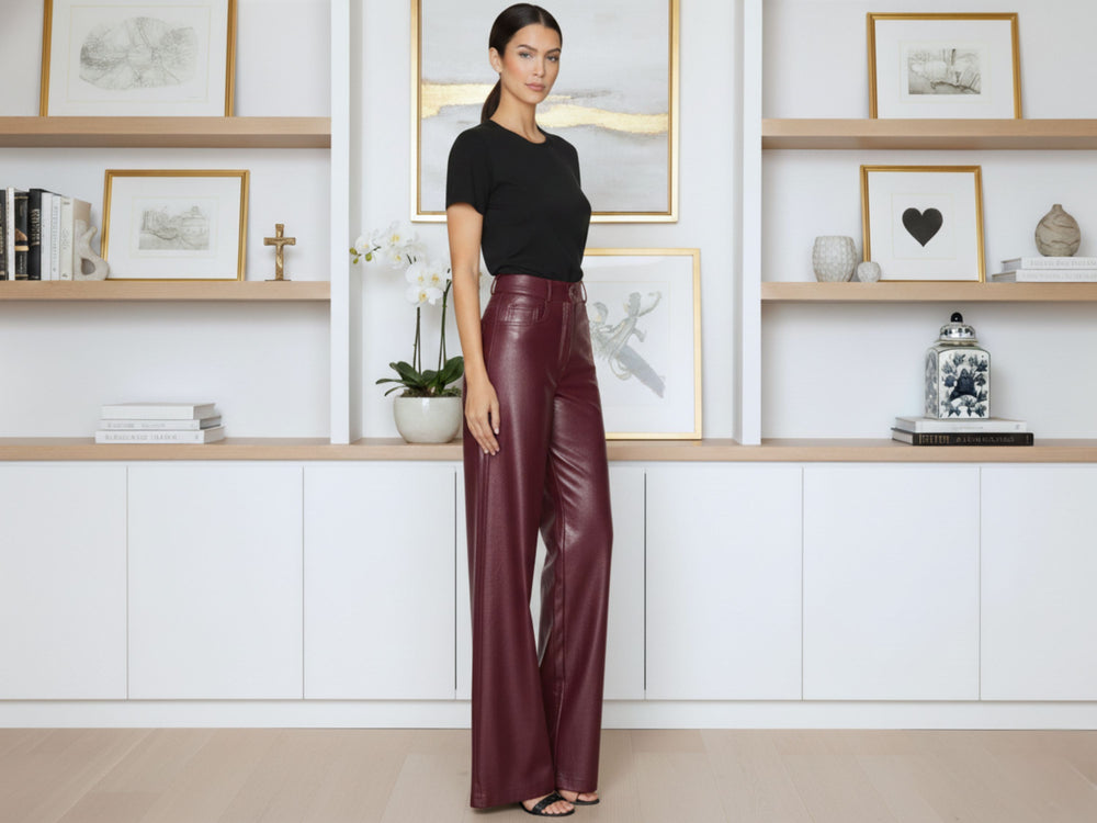 Elephant Metallic Burgundy Faux Leather Wide Leg Jeans Wholesale | Custom Private Label Pants Manufacturer front design preview