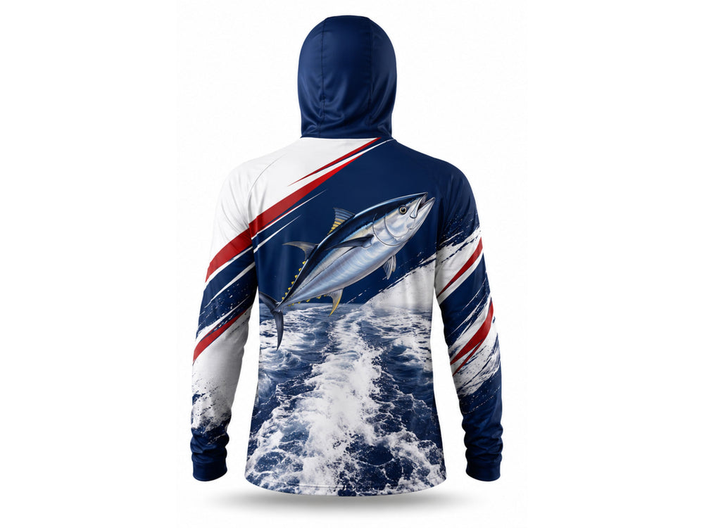 Custom Fishing Hoodie | Wholesale Performance Fishing Hoodie | Navy White Tuna | Apparels Bridge front design preview