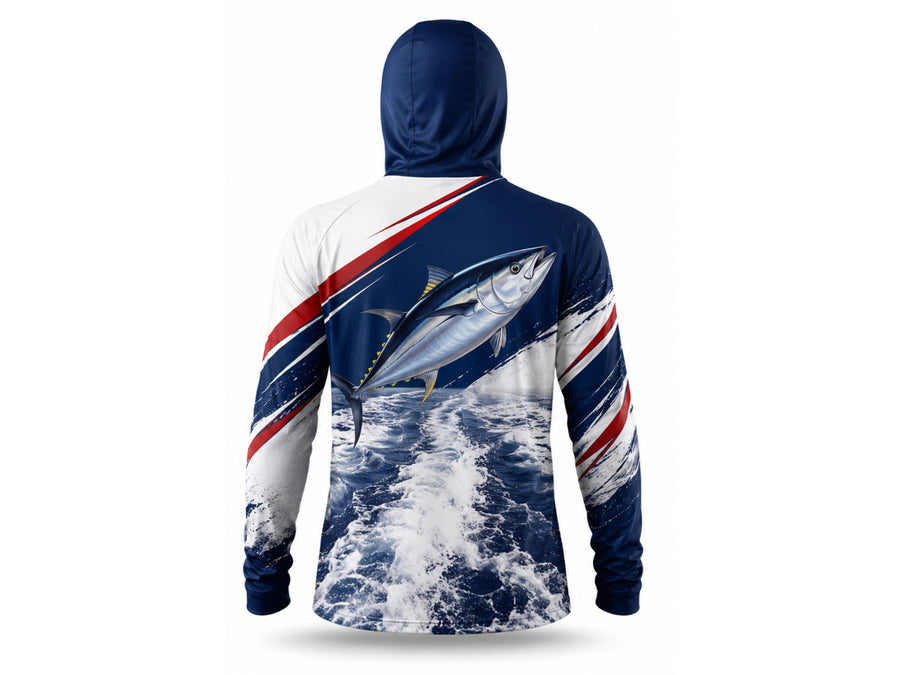 Custom Fishing Hoodie | Wholesale Performance Fishing Hoodie | Navy White Tuna | Apparels Bridge design preview