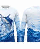 Custom Fishing UPF 50+ Long Sleeve Shirt | Wholesale Sun Protection Fishing Shirt | White Blue Marlin | Apparels Bridge