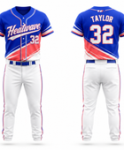 Custom Blue White Red Baseball Uniform | Wholesale Team Jersey and Pants Set for Bulk Orders