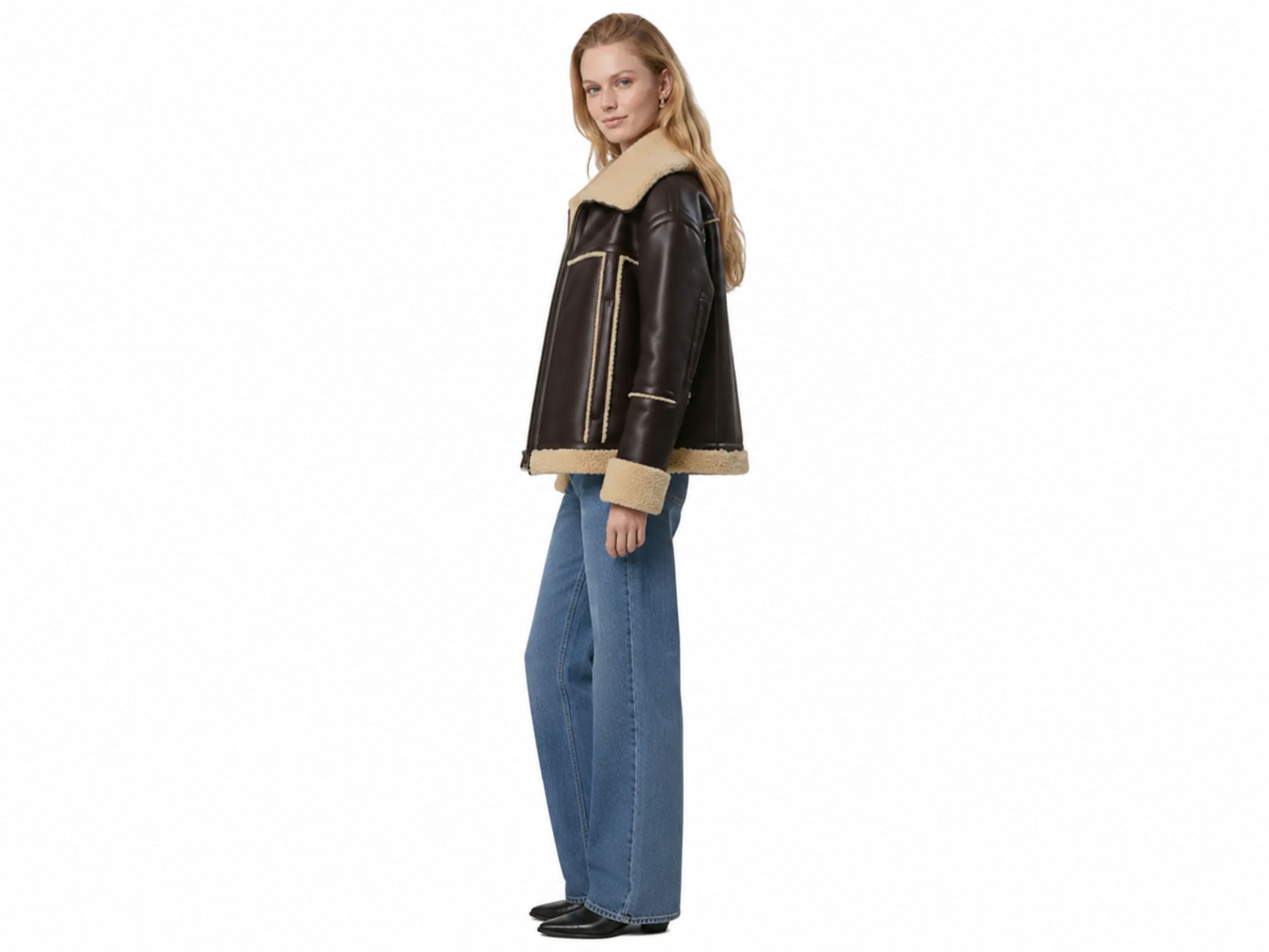 Burgundy Sheepskin Rancher Coat Wholesale | Women’s Curly Faux Shearling Winter Jacket Manufacturer