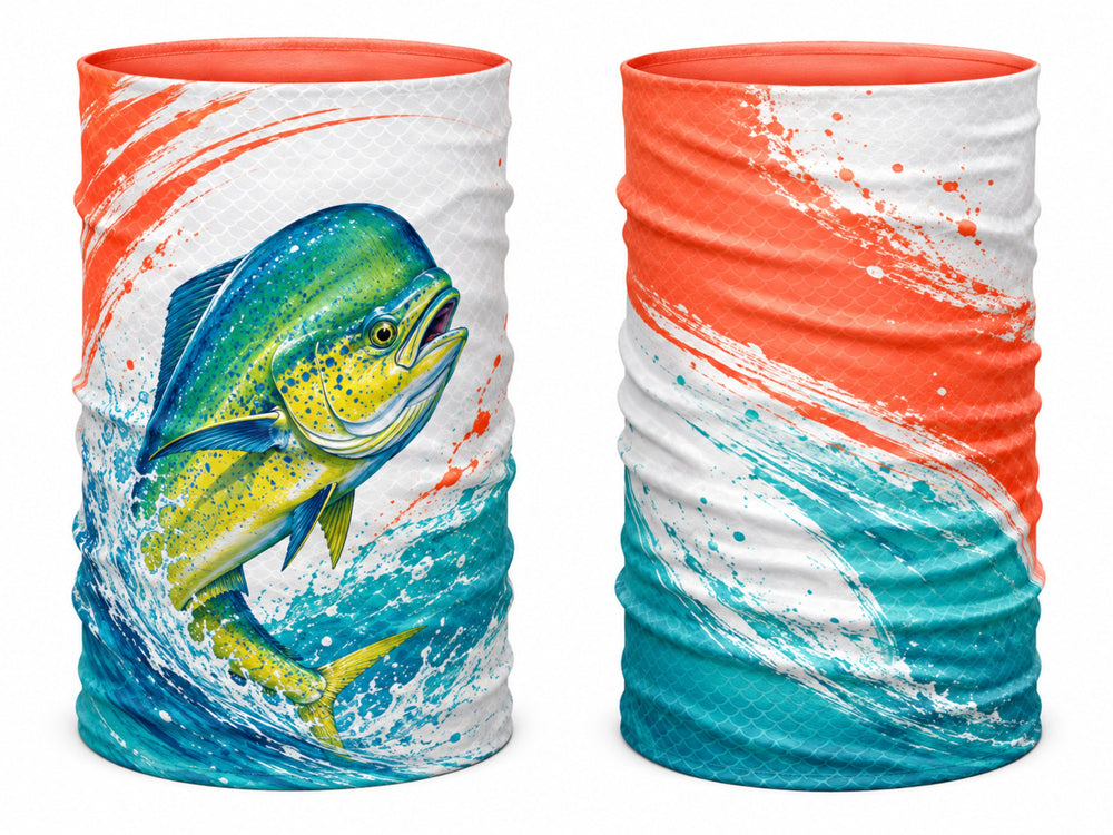 Custom Fishing Neck Gaiter | Wholesale Fishing Face Mask Gaiter | Orange Teal White | Apparels Bridge front design preview