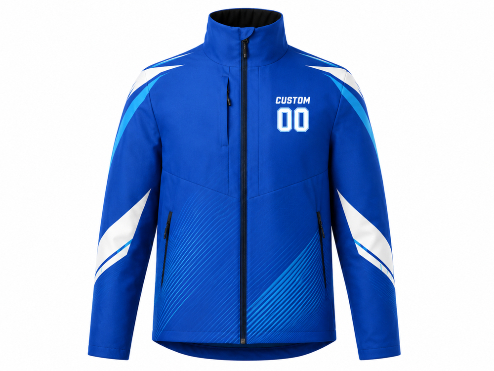 Custom Blue Soccer Jacket | Wholesale Team Warmup Jacket for Clubs Schools and Bulk Orders front design preview
