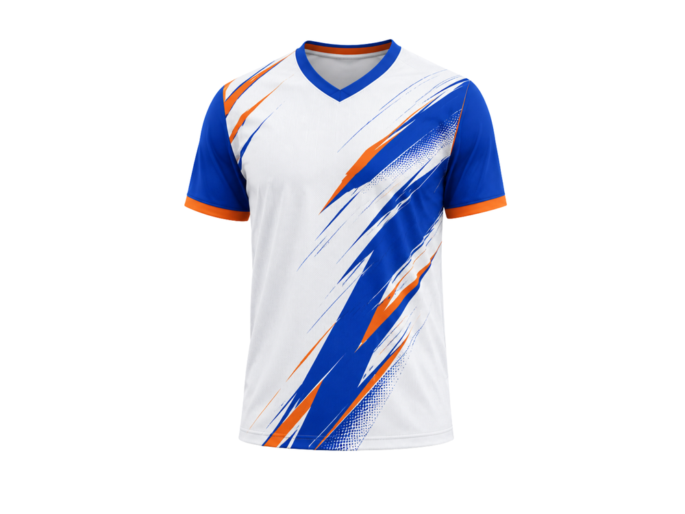 Wholesale Soccer Jersey – White, oringe and blue Short Sleeve Team Polo, Low MOQ, In House Production front design preview
