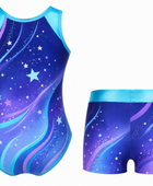 Custom Gymnastics Leotard and Shorts Set | Wholesale Gym Team Set | Navy Blue Purple Galaxy | Apparels Bridge