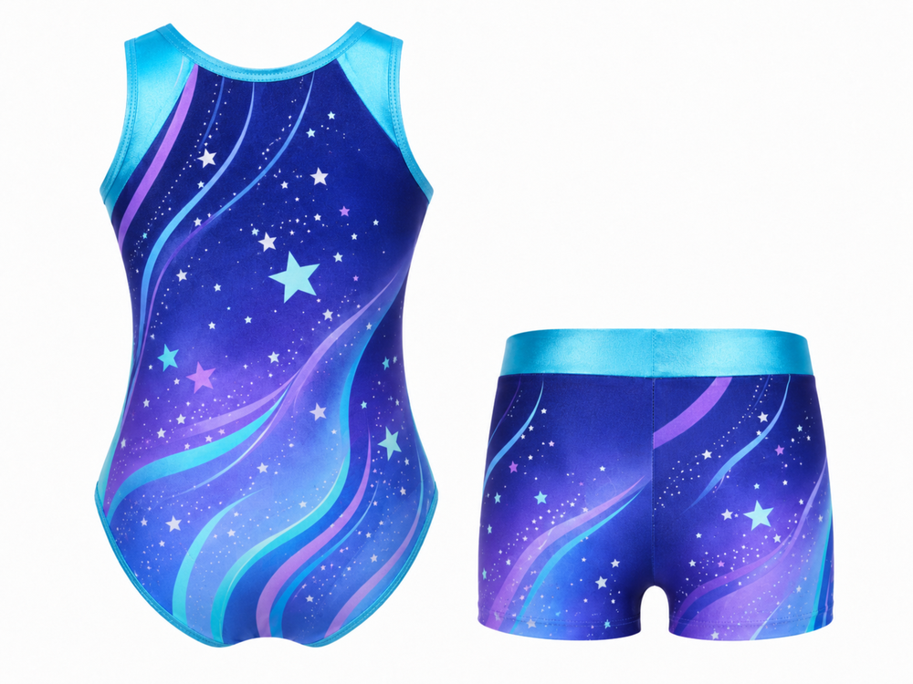 Custom Gymnastics Leotard and Shorts Set | Wholesale Gym Team Set | Navy Blue Purple Galaxy | Apparels Bridge front design preview