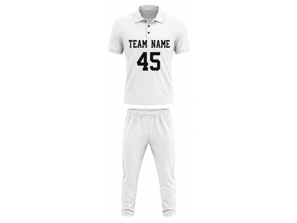 Custom Cricket White Uniform Set –  Shirt & Trouser with number and player name front design preview