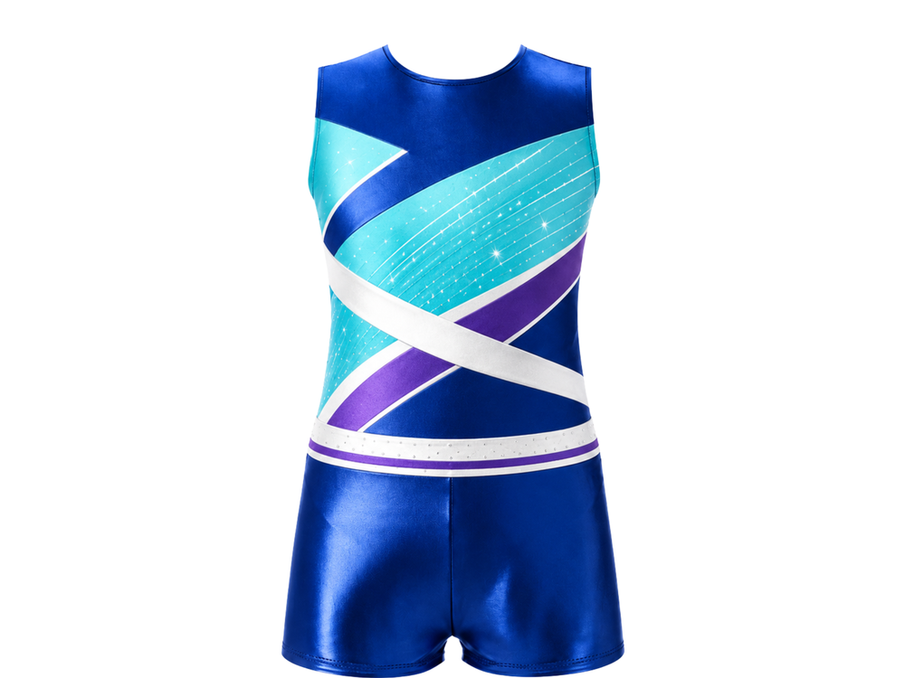 Custom Gymnastics Biketard | Wholesale Gym Team Biketard | Blue Teal White | Apparels Bridge front design preview