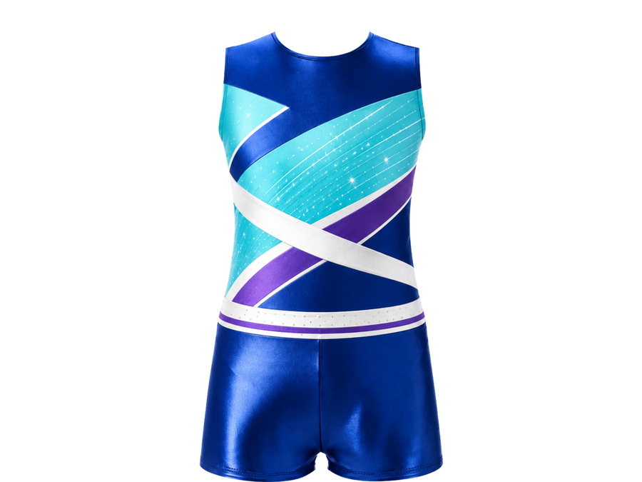 Custom Gymnastics Biketard | Wholesale Gym Team Biketard | Blue Teal White | Apparels Bridge design preview