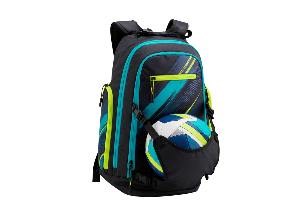 Custom Black Volleyball Backpack – Teal Lime Team Sports Bag Wholesale front design preview