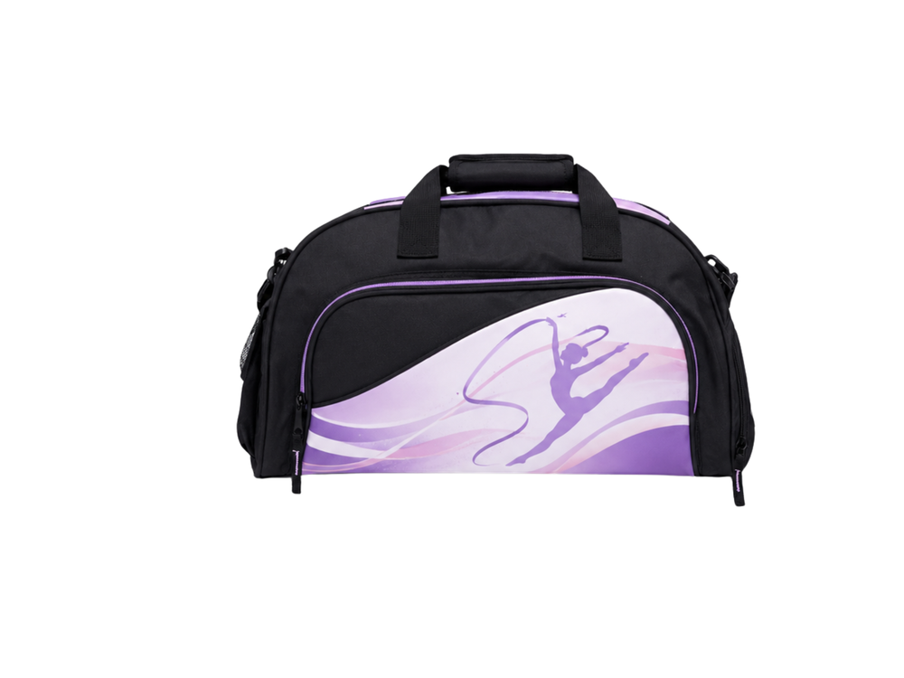 Custom Gymnastics Duffle Bag – Black, Purple and White B2B Wholesale Low MOQ Gym Team Kit Bag front design preview