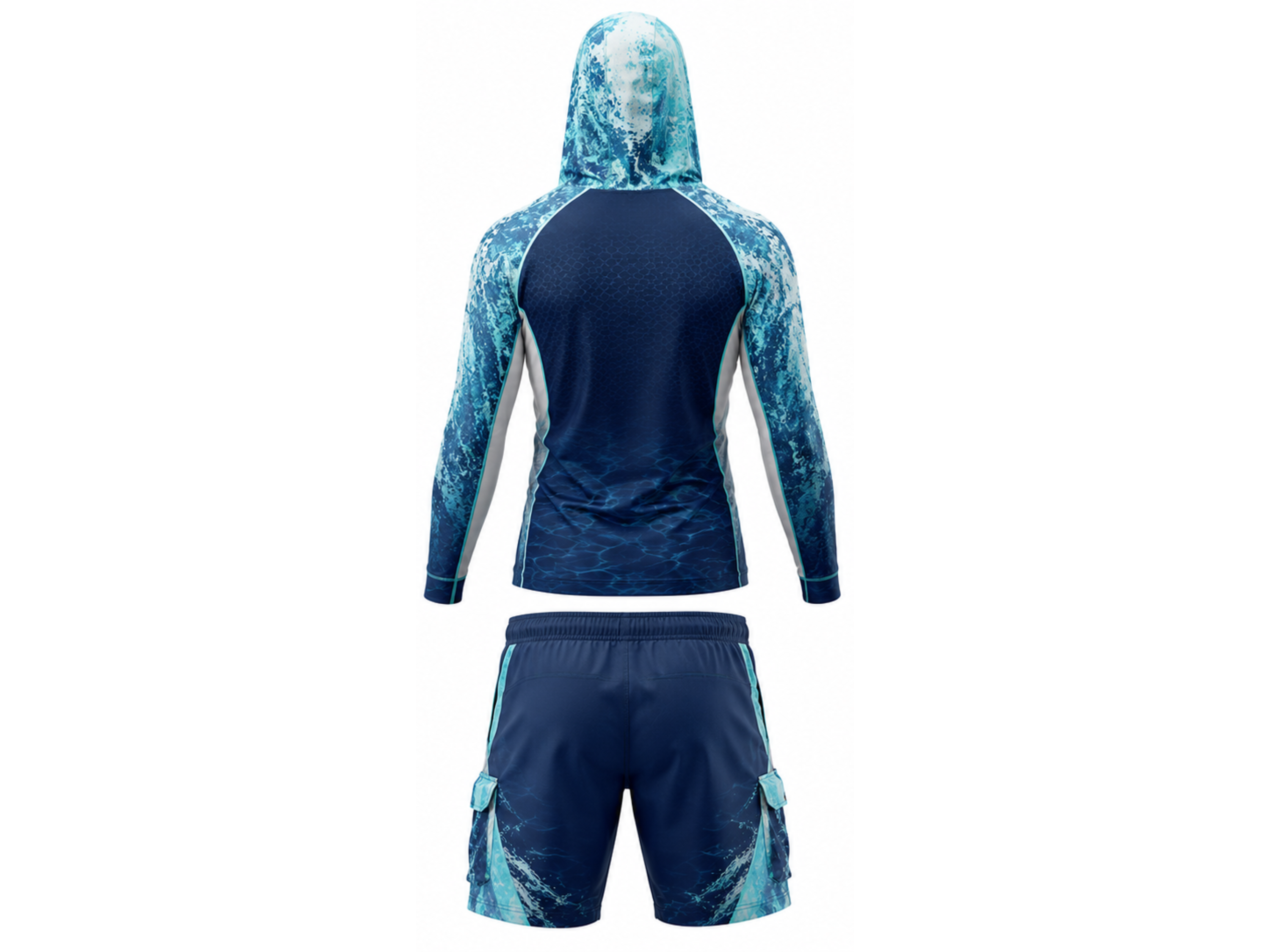 Custom Fishing Uniform – Blue & Aqua Hoodie Set, Wholesale, Low MOQ, Bulk Sportswear