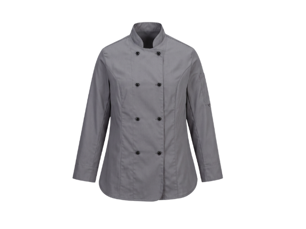 Women’s Double-Breasted Chef Jacket Grey | B2B Low MOQ Hospitality Workwear Manufacturer front design preview