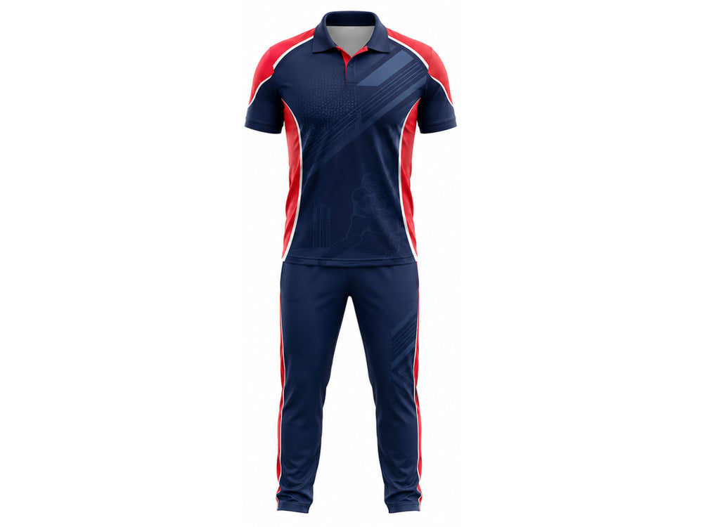 Custom Navy Red Cricket Kit with Trouser – Sublimated Wholesale Team Uniform Set Apparels Bridge front design preview