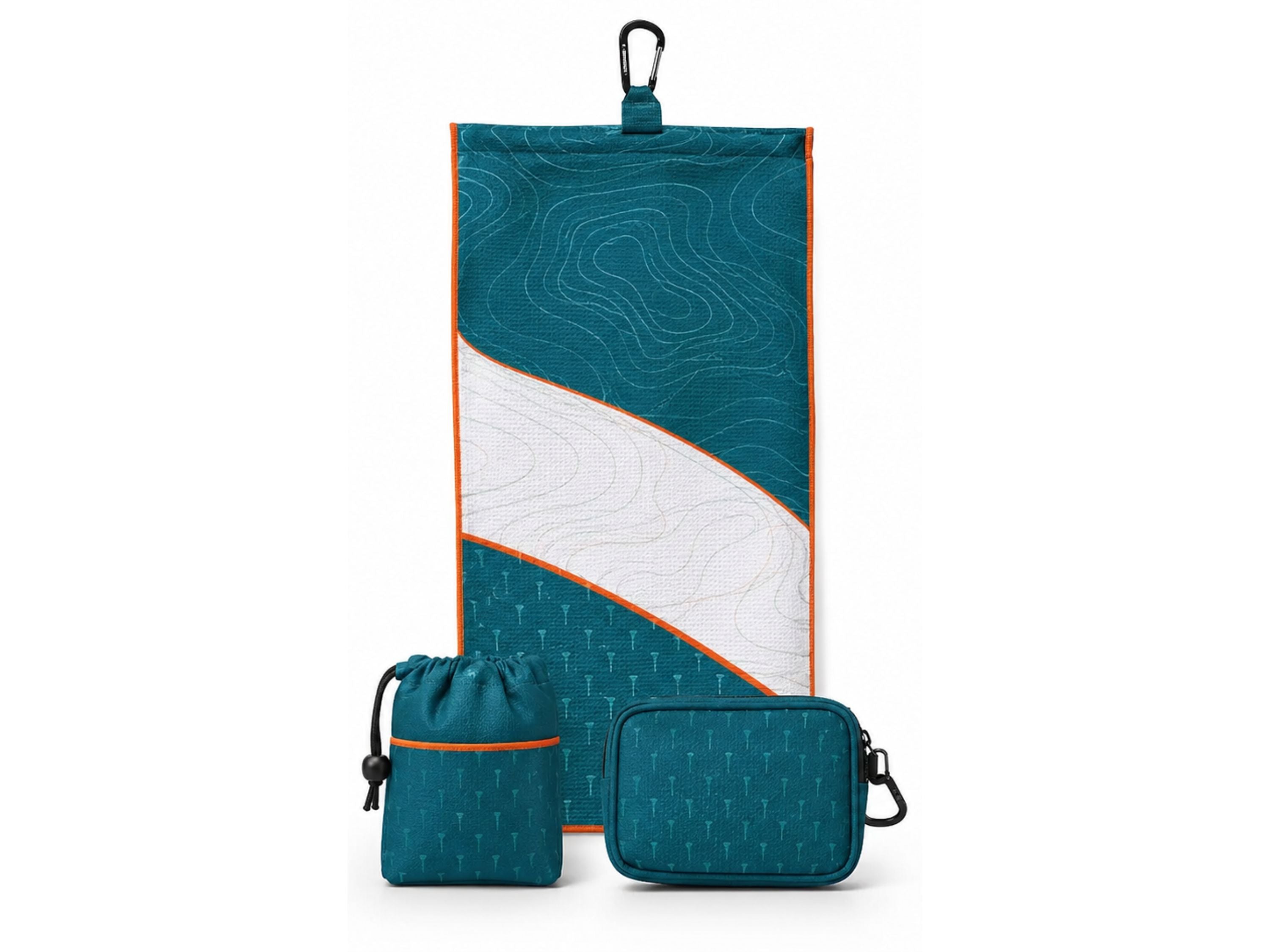 Custom Golf Towel | Wholesale Tri-Fold Golf Towel with Carabiner Clip | Teal White Orange | Apparels Bridge