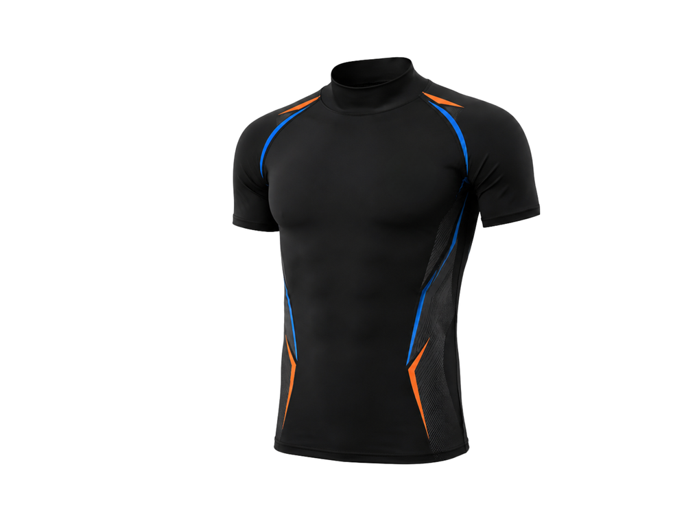 Custom Short Sleeve Compression Shirt Low MOQ Training Lifestyle Black Orange Blue front design preview