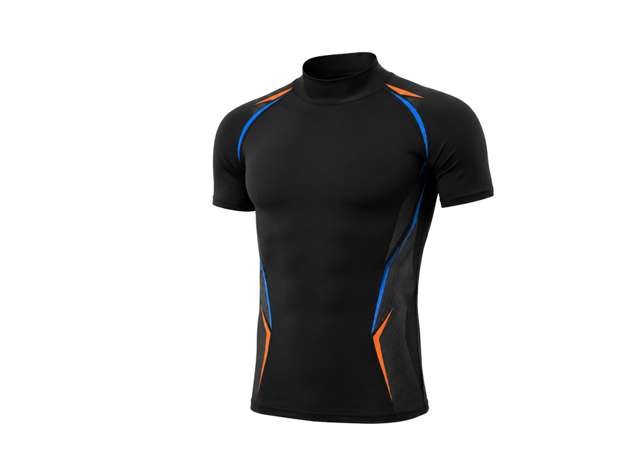 Custom Short Sleeve Compression Shirt | Wholesale Training and Lifestyle Base Layer | Black Orange Blue | Apparels Bridge design preview