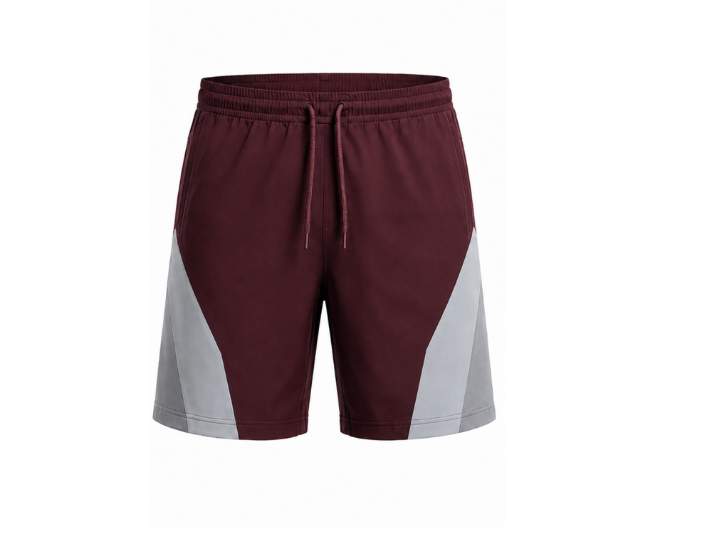 Custom B2B Bowling Shorts Maroon & Gray Low MOQ Bulk Sportswear front design preview