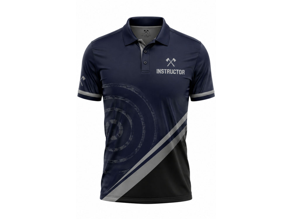 Custom Axe Throwing Instructor Polo Navy Grey Venue Staff Shirt B2B Wholesale Manufacturer front design preview