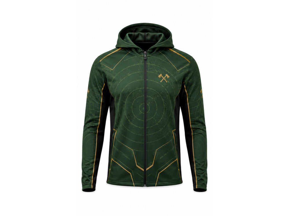 Custom Forest Green Sublimated Axe Throwing Full-Zip Hoodie B2B Teamwear Low MOQ front design preview