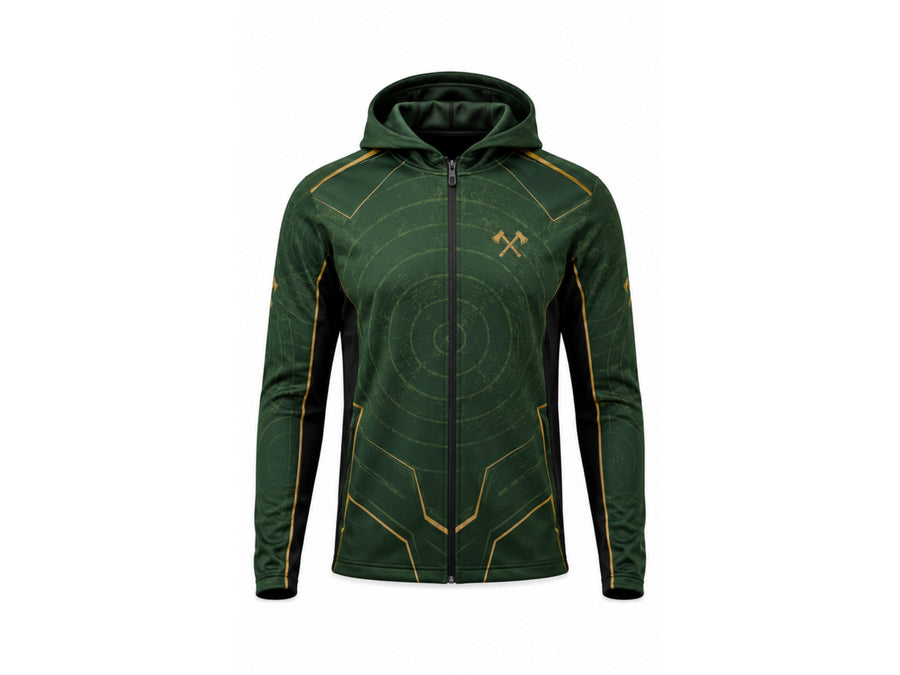 Custom Forest Green Sublimated Axe Throwing Full-Zip Hoodie – Venue Teamwear design preview