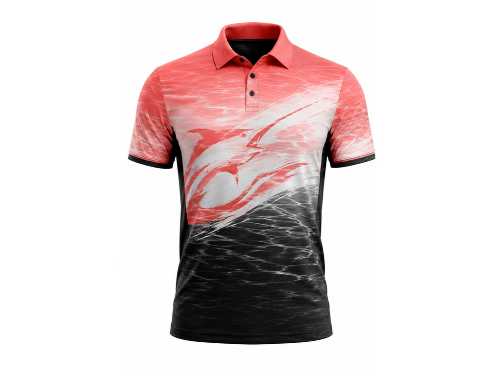 Custom Sublimated Fishing Tournament Jersey | Wholesale Fishing Team Polo | Coral Black White | Apparels Bridge front design preview