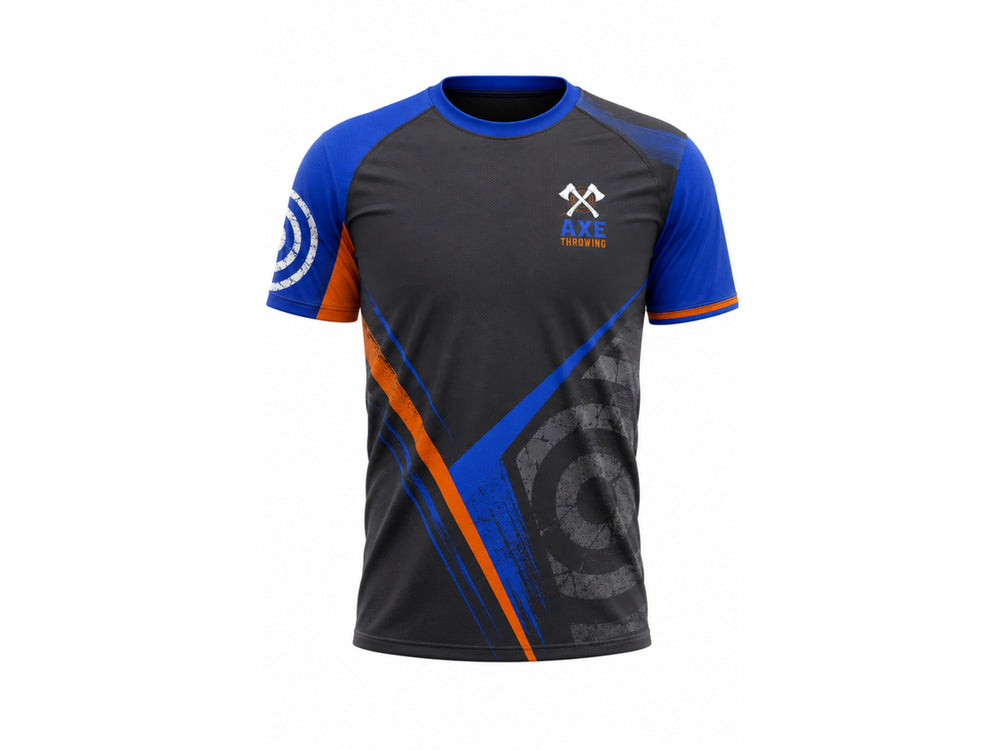 Custom Axe Throwing Championship Shirt Navy Blue Orange Teamwear B2B Manufacturer Low MOQ front design preview