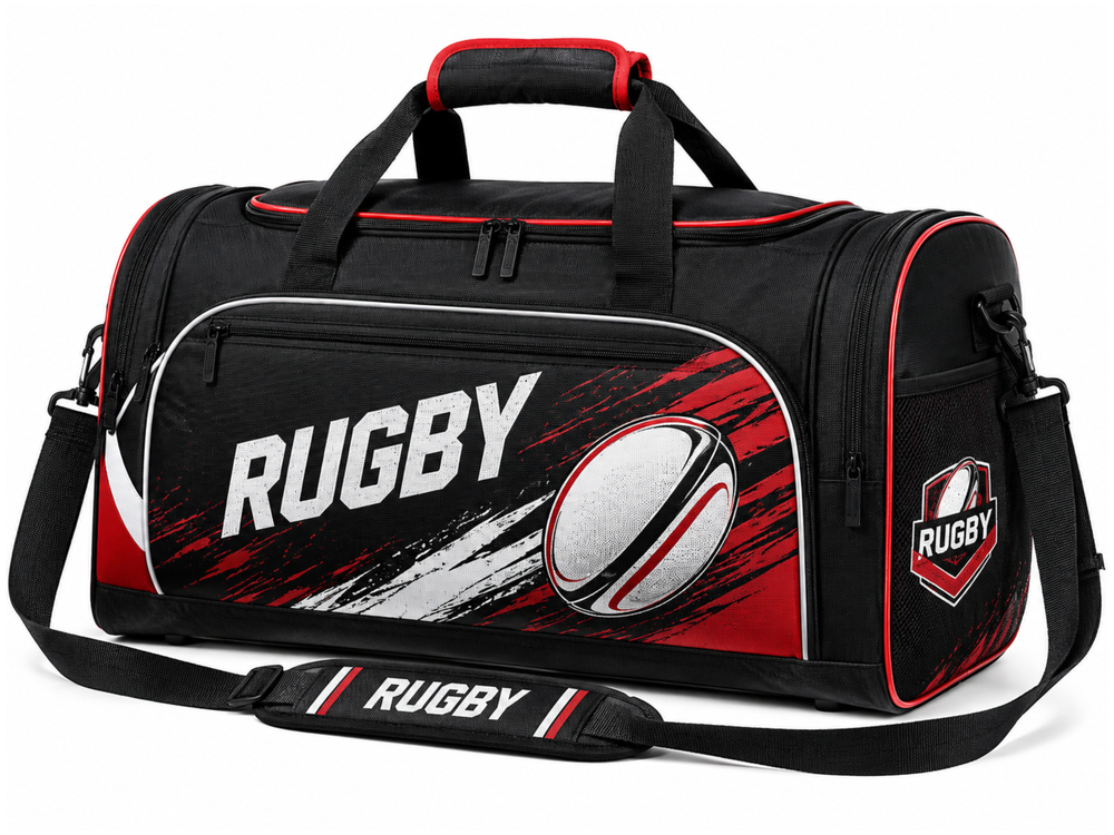 Custom Black Red Rugby Duffel Bag | Wholesale Team Travel Bag for Bulk Orders front design preview