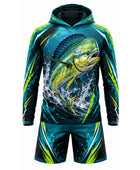 Custom Fishing Uniform Set | Wholesale Fishing Team Hooded Jersey and Pants | Teal Black Yellow | Apparels Bridge