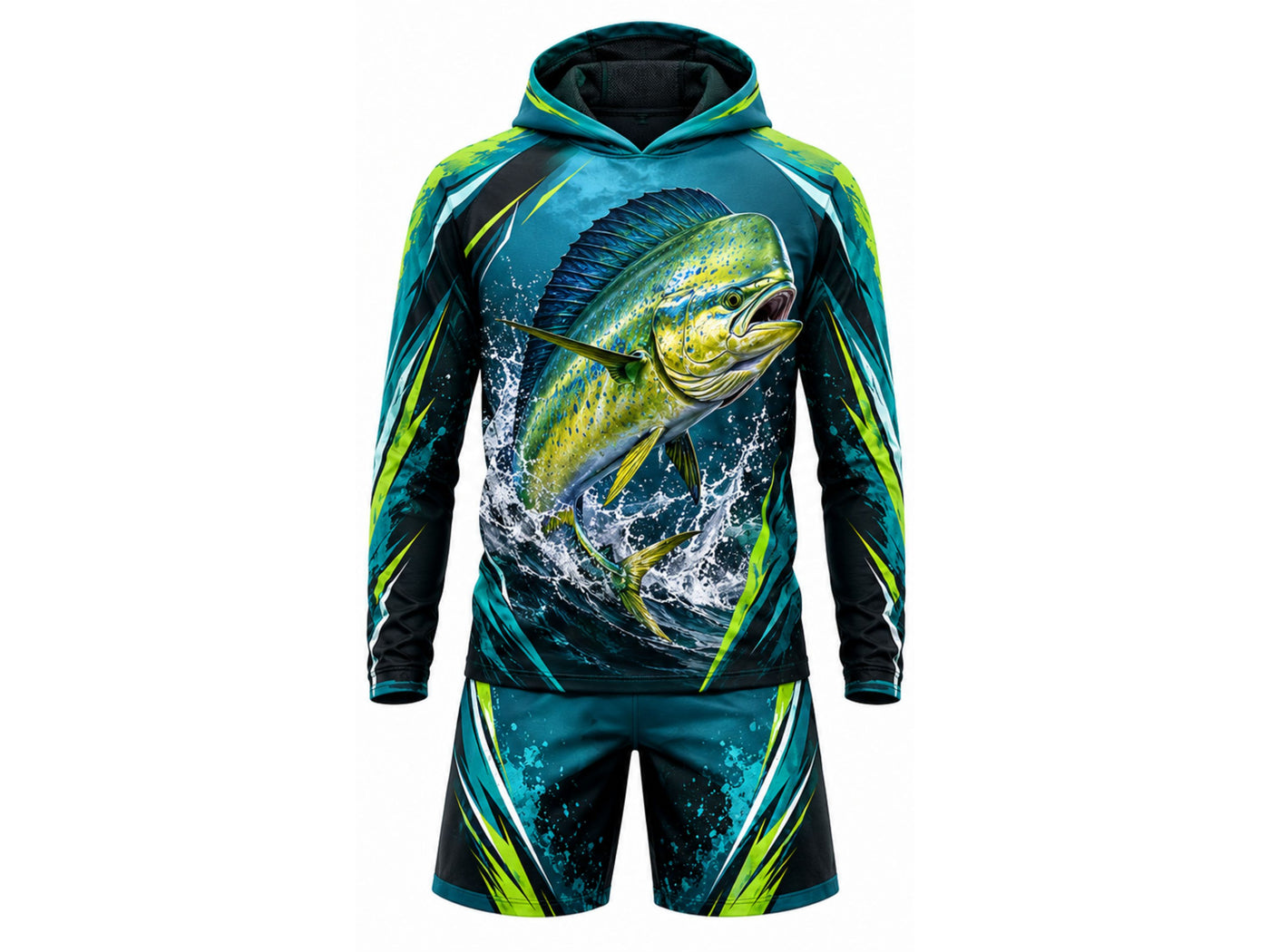 Custom Fishing Uniform Set | Wholesale Fishing Team Hooded Jersey and Pants | Teal Black Yellow | Apparels Bridge