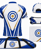 Custom Archery Team Kit – White Blue Gold Jersey, Cap, Arm Guard, Towel & Bag