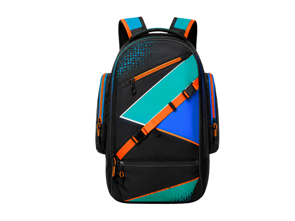 Custom Lacrosse Backpack – Black Orange Wholesale Team Gear Bag front design preview