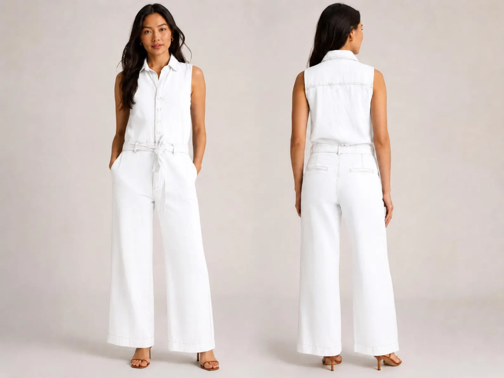 Wholesale Custom White Denim Jumpsuit Manufacturer Private Label Wide Leg Coverall front design preview