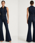 Wholesale Custom Dark Navy Denim Jumpsuit Manufacturer Private Label Zip Front Flare Boilersuit